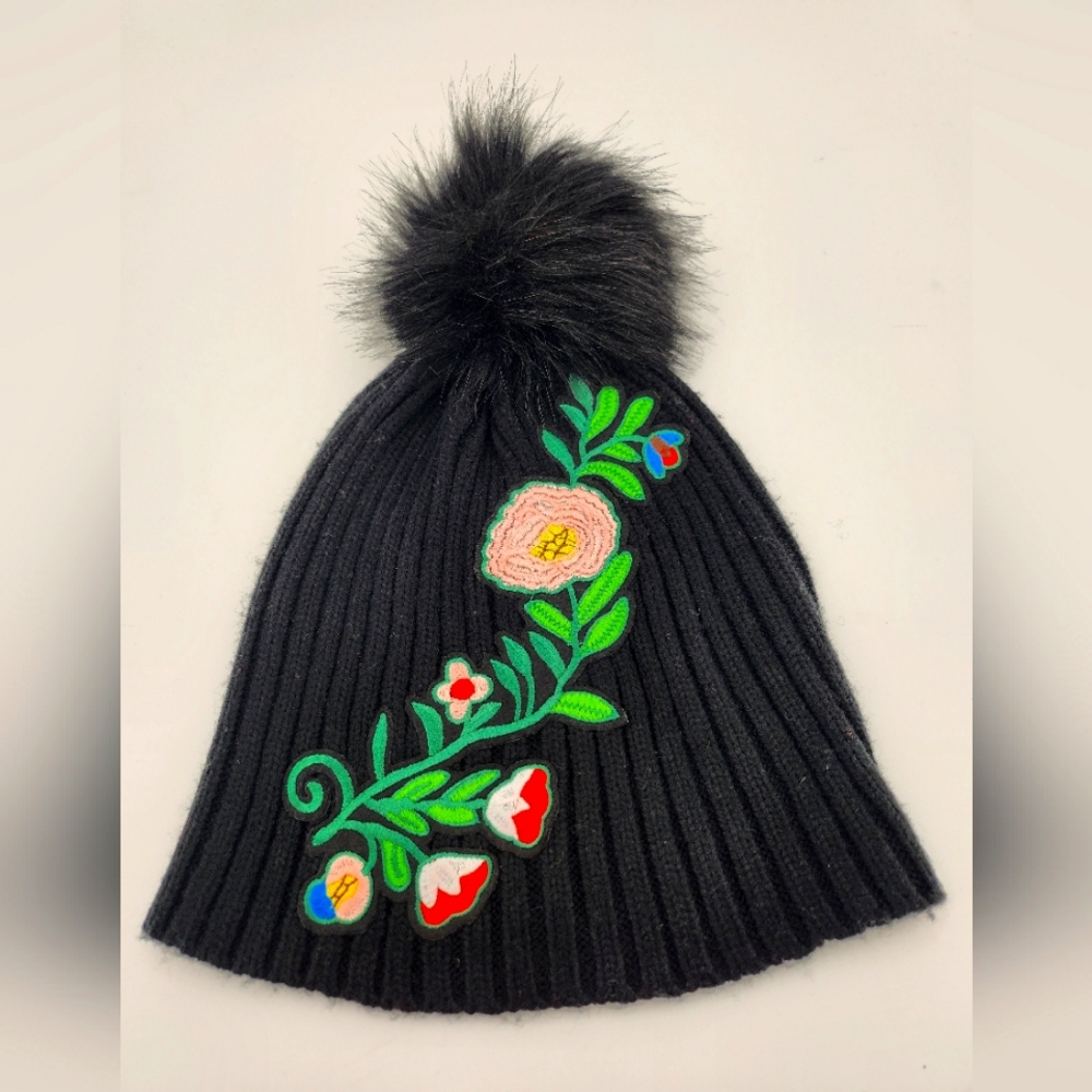 Black Knit Beanie with Floral Embroidery by Renee's NYC Accessories